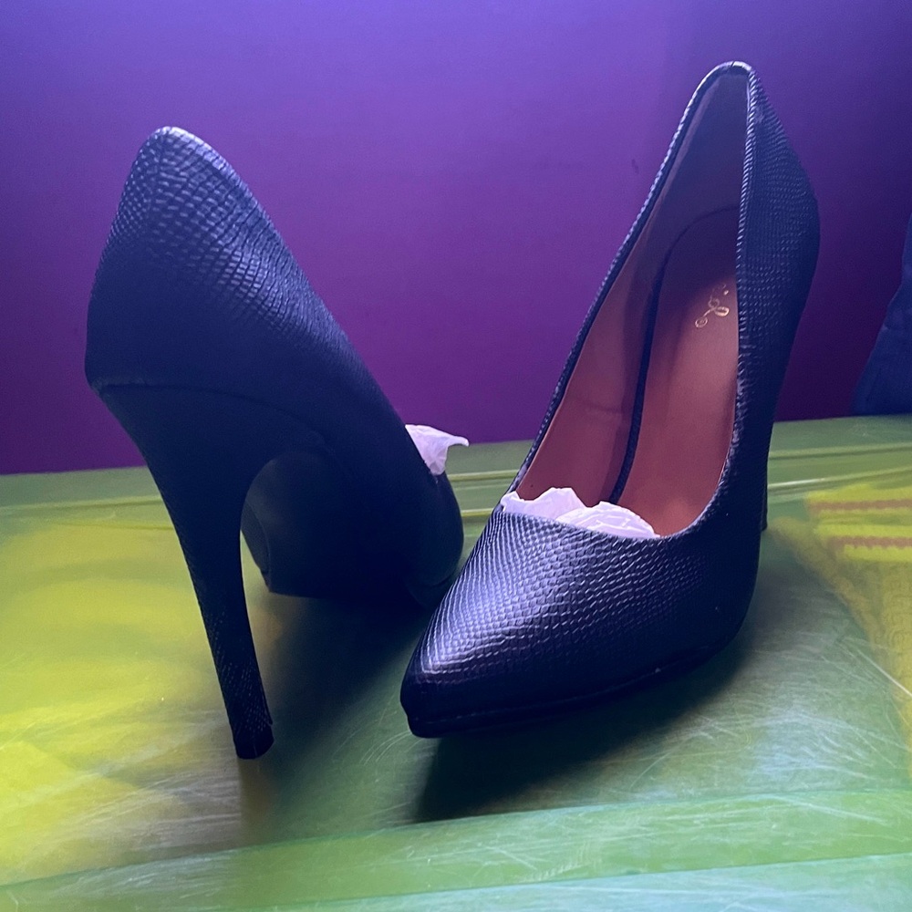 Black Faux Snakeskin Heels